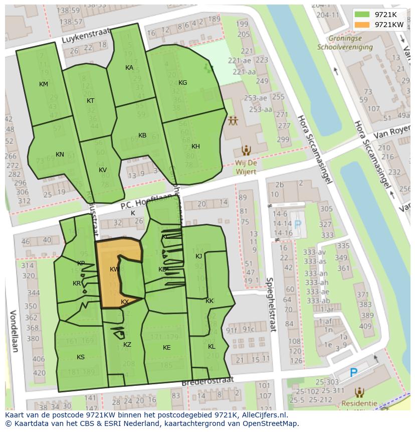 Afbeelding van het postcodegebied 9721 KW op de kaart.