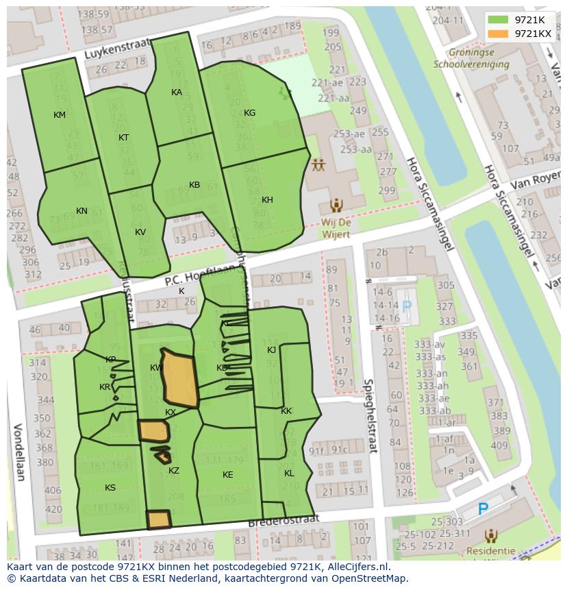 Afbeelding van het postcodegebied 9721 KX op de kaart.