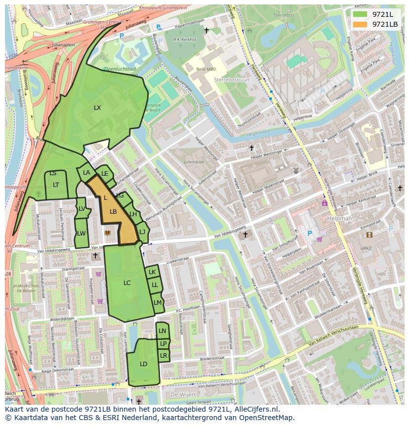 Afbeelding van het postcodegebied 9721 LB op de kaart.
