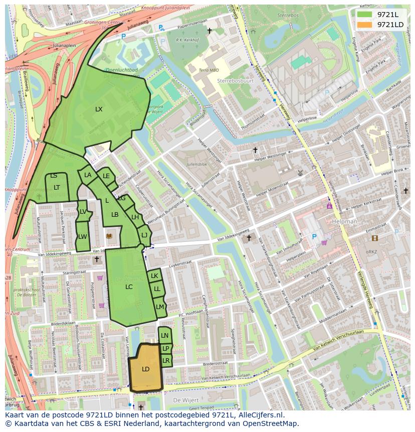 Afbeelding van het postcodegebied 9721 LD op de kaart.