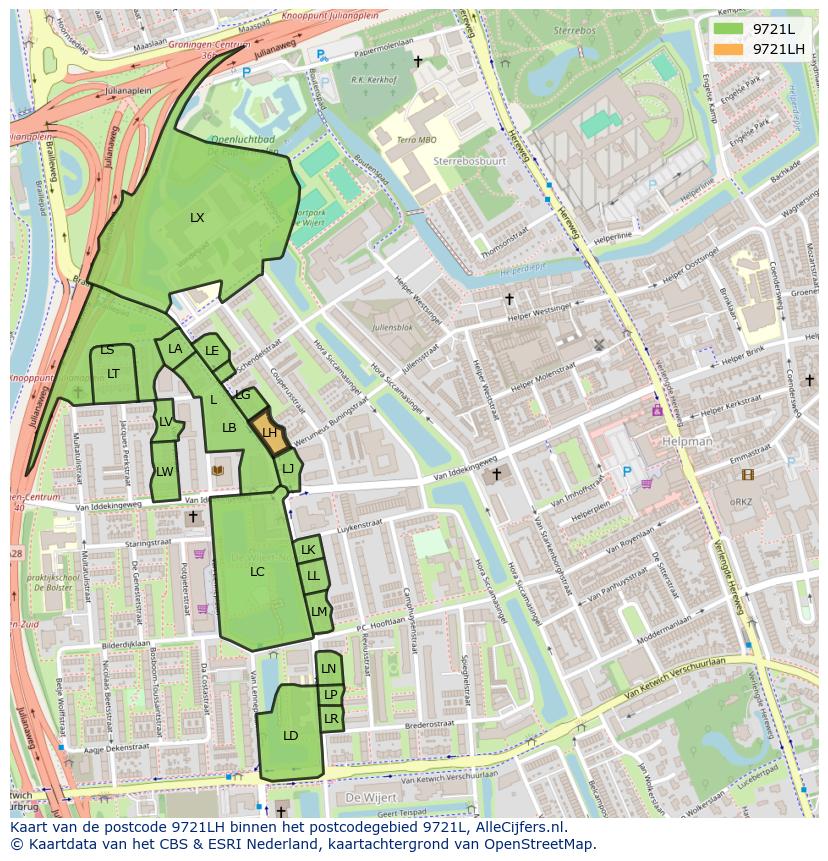 Afbeelding van het postcodegebied 9721 LH op de kaart.