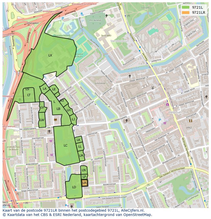 Afbeelding van het postcodegebied 9721 LR op de kaart.