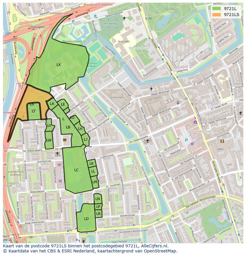 Afbeelding van het postcodegebied 9721 LS op de kaart.