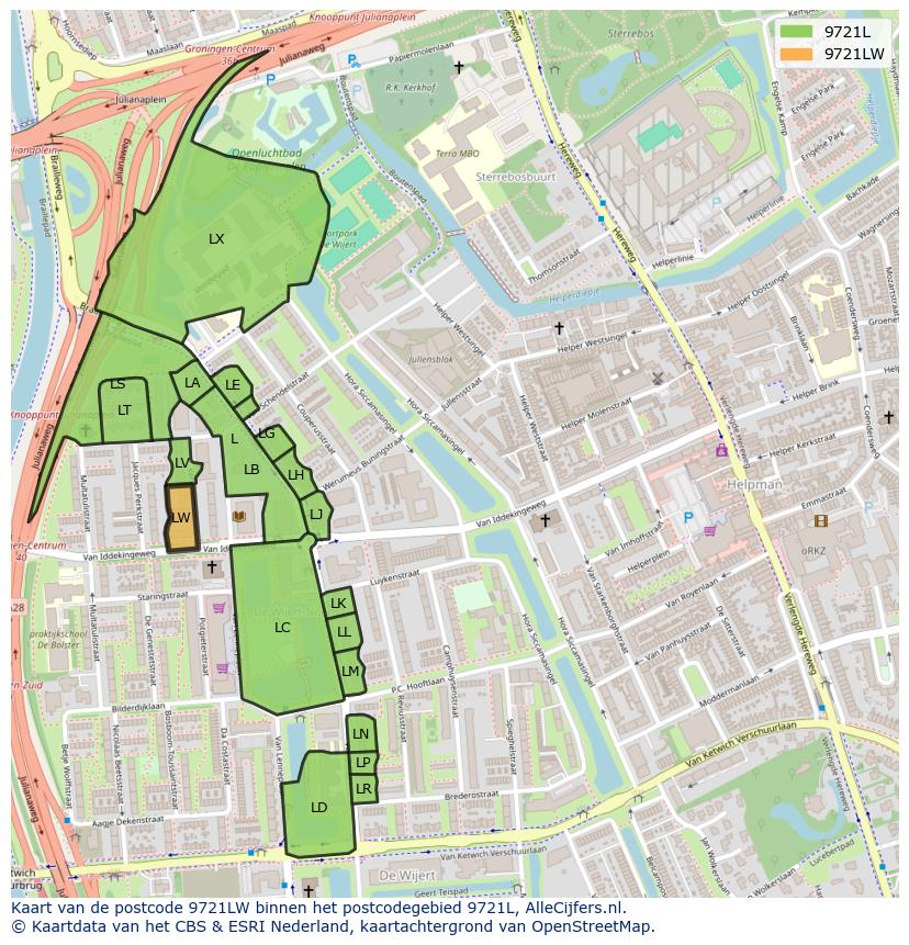 Afbeelding van het postcodegebied 9721 LW op de kaart.