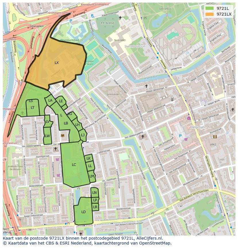 Afbeelding van het postcodegebied 9721 LX op de kaart.