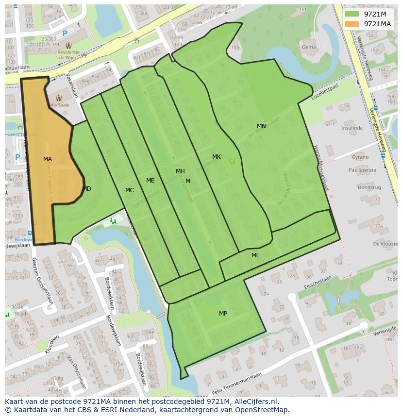 Afbeelding van het postcodegebied 9721 MA op de kaart.