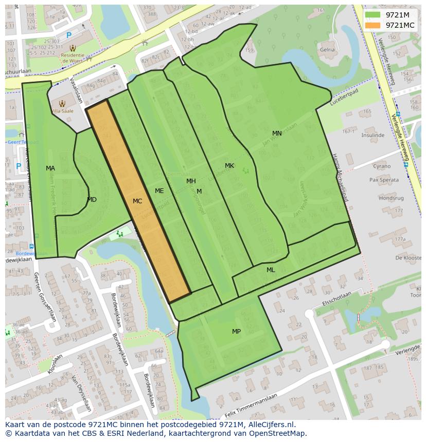 Afbeelding van het postcodegebied 9721 MC op de kaart.