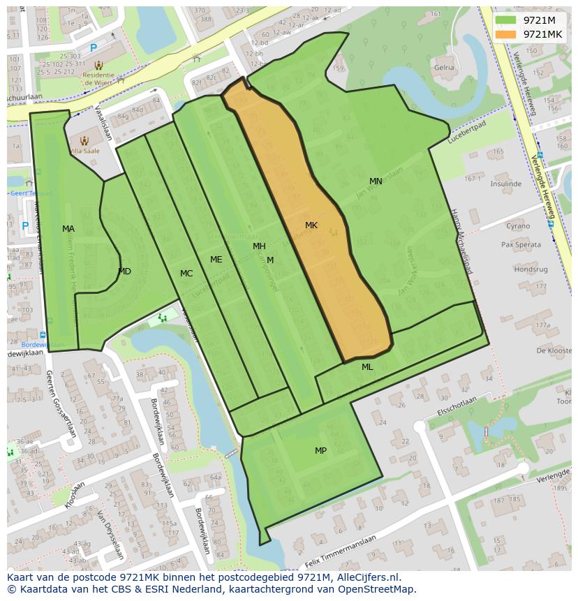 Afbeelding van het postcodegebied 9721 MK op de kaart.