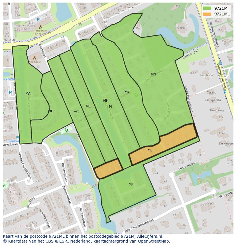 Afbeelding van het postcodegebied 9721 ML op de kaart.