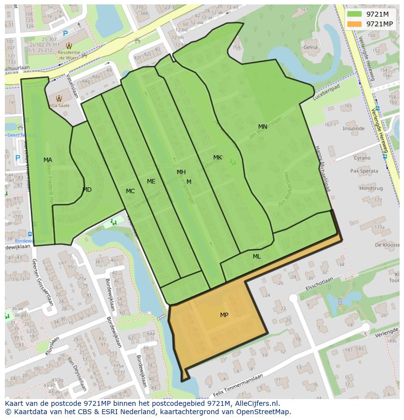 Afbeelding van het postcodegebied 9721 MP op de kaart.