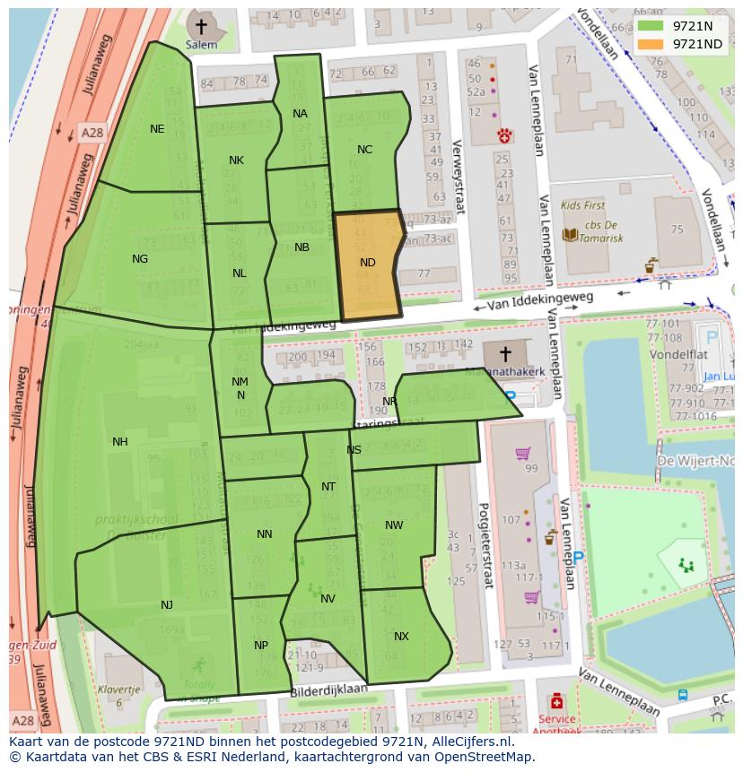 Afbeelding van het postcodegebied 9721 ND op de kaart.