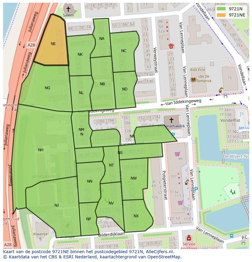 Afbeelding van het postcodegebied 9721 NE op de kaart.