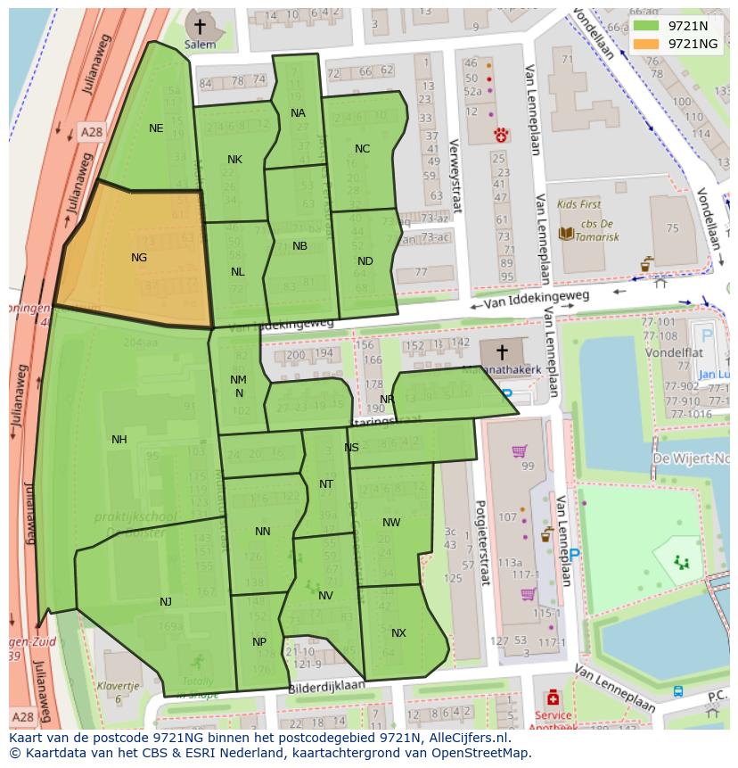 Afbeelding van het postcodegebied 9721 NG op de kaart.