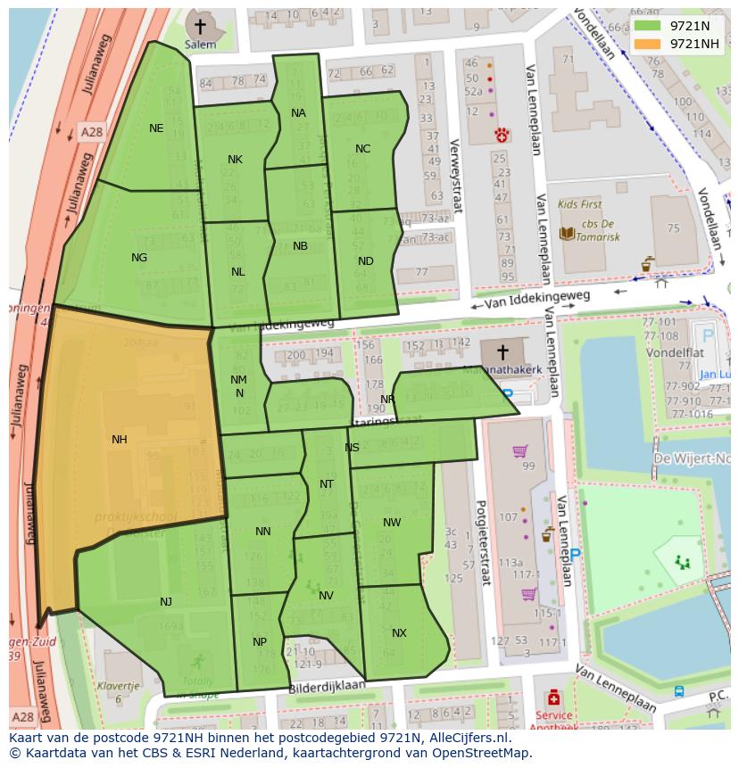 Afbeelding van het postcodegebied 9721 NH op de kaart.
