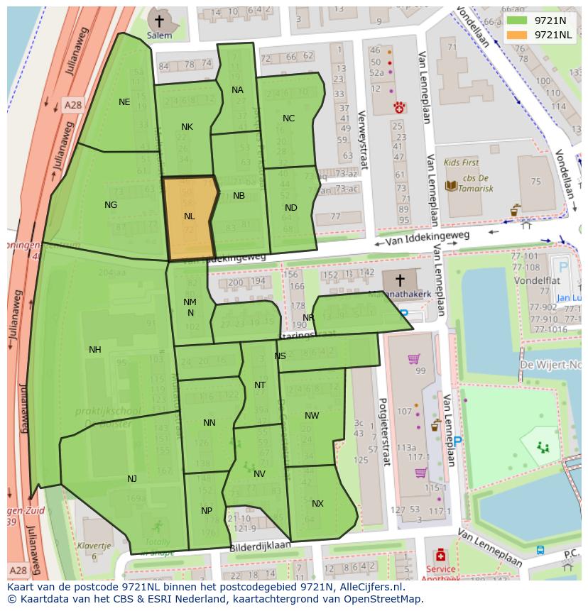 Afbeelding van het postcodegebied 9721 NL op de kaart.