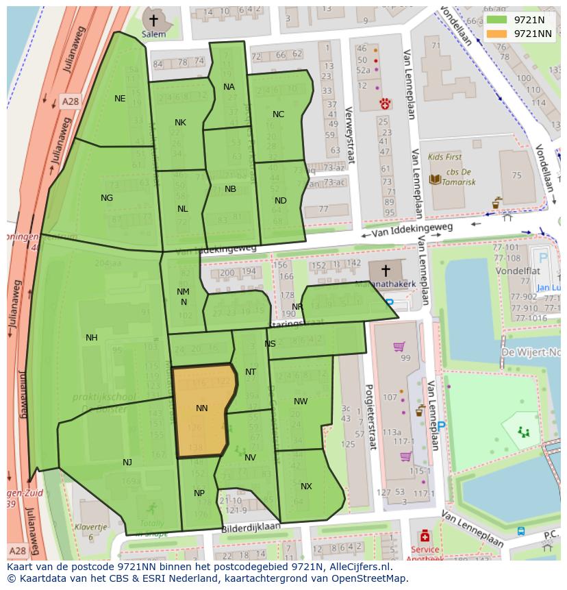 Afbeelding van het postcodegebied 9721 NN op de kaart.