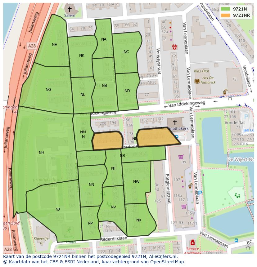Afbeelding van het postcodegebied 9721 NR op de kaart.