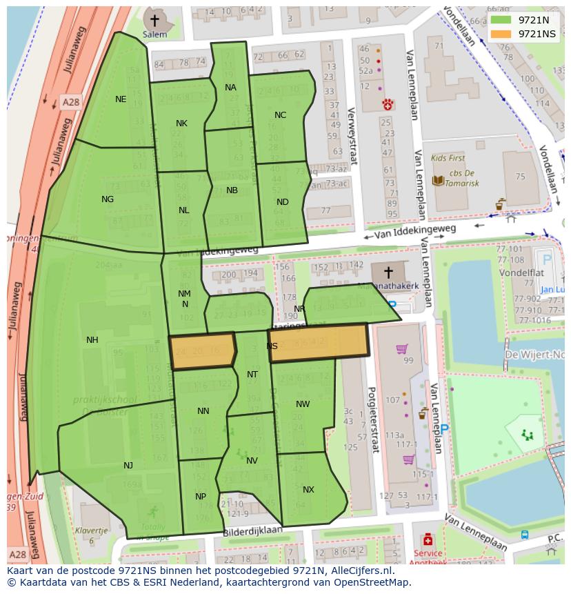 Afbeelding van het postcodegebied 9721 NS op de kaart.