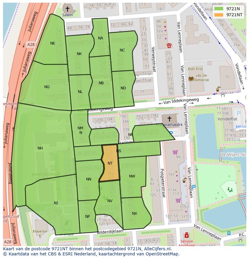 Afbeelding van het postcodegebied 9721 NT op de kaart.