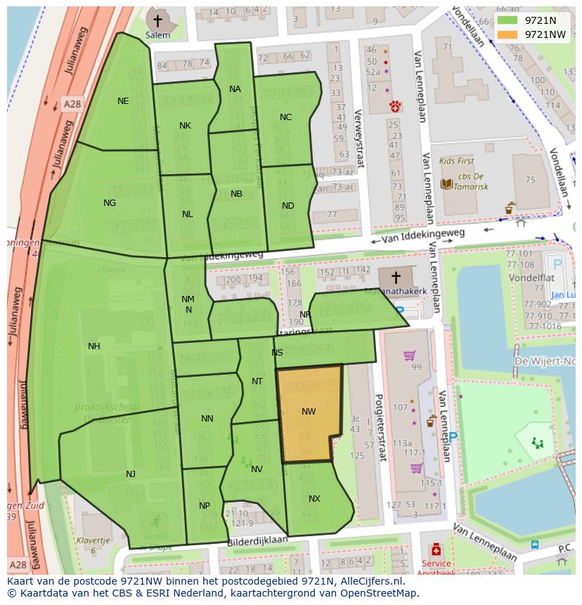 Afbeelding van het postcodegebied 9721 NW op de kaart.