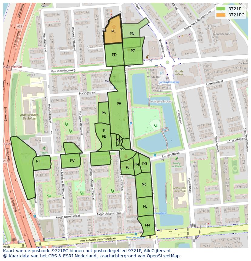 Afbeelding van het postcodegebied 9721 PC op de kaart.