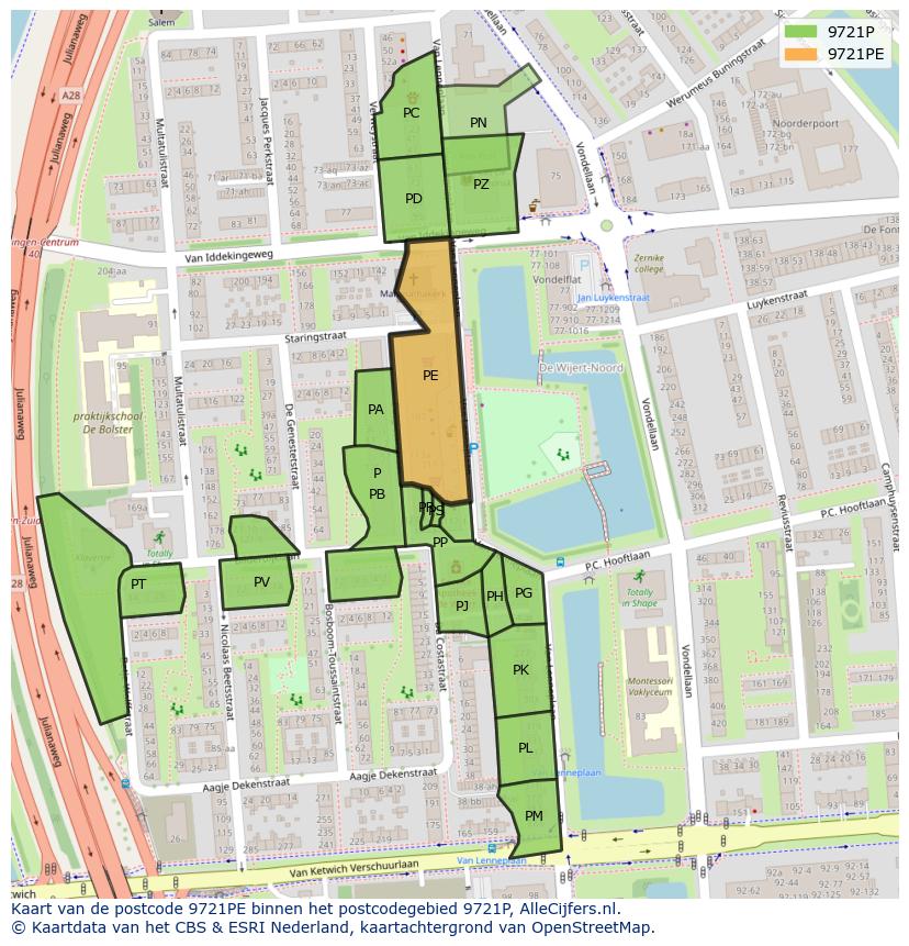 Afbeelding van het postcodegebied 9721 PE op de kaart.
