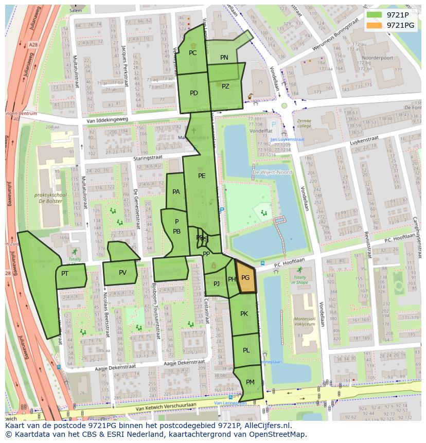 Afbeelding van het postcodegebied 9721 PG op de kaart.