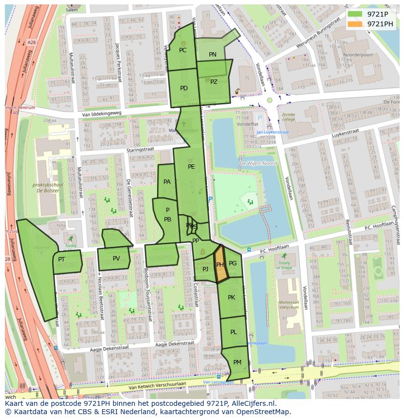 Afbeelding van het postcodegebied 9721 PH op de kaart.