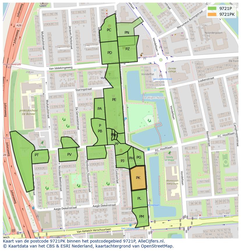 Afbeelding van het postcodegebied 9721 PK op de kaart.