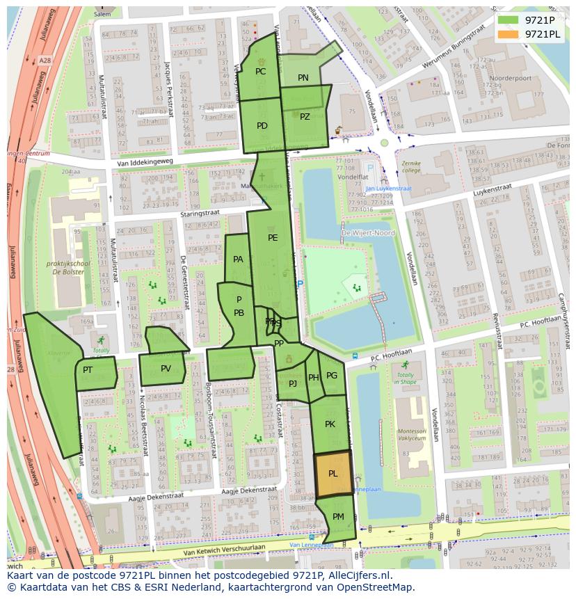 Afbeelding van het postcodegebied 9721 PL op de kaart.