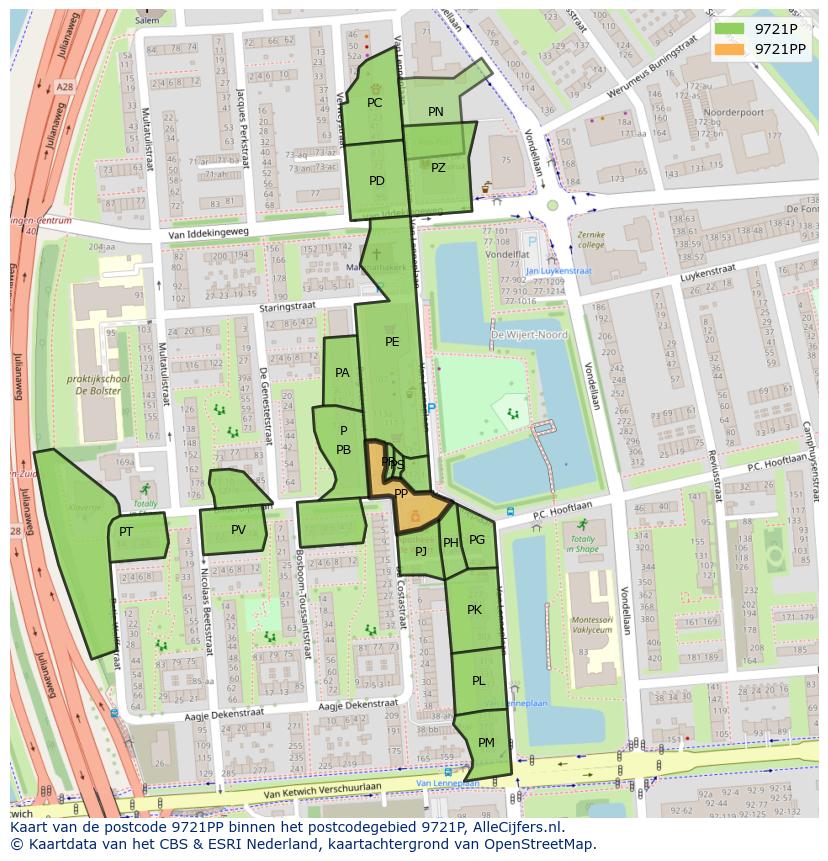 Afbeelding van het postcodegebied 9721 PP op de kaart.