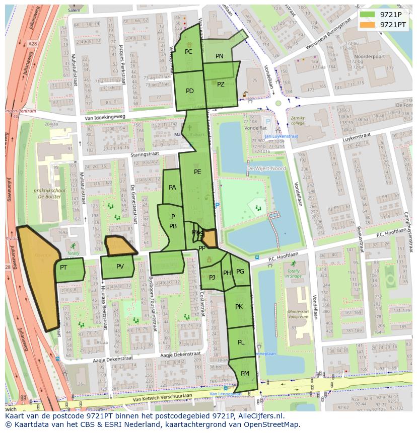 Afbeelding van het postcodegebied 9721 PT op de kaart.