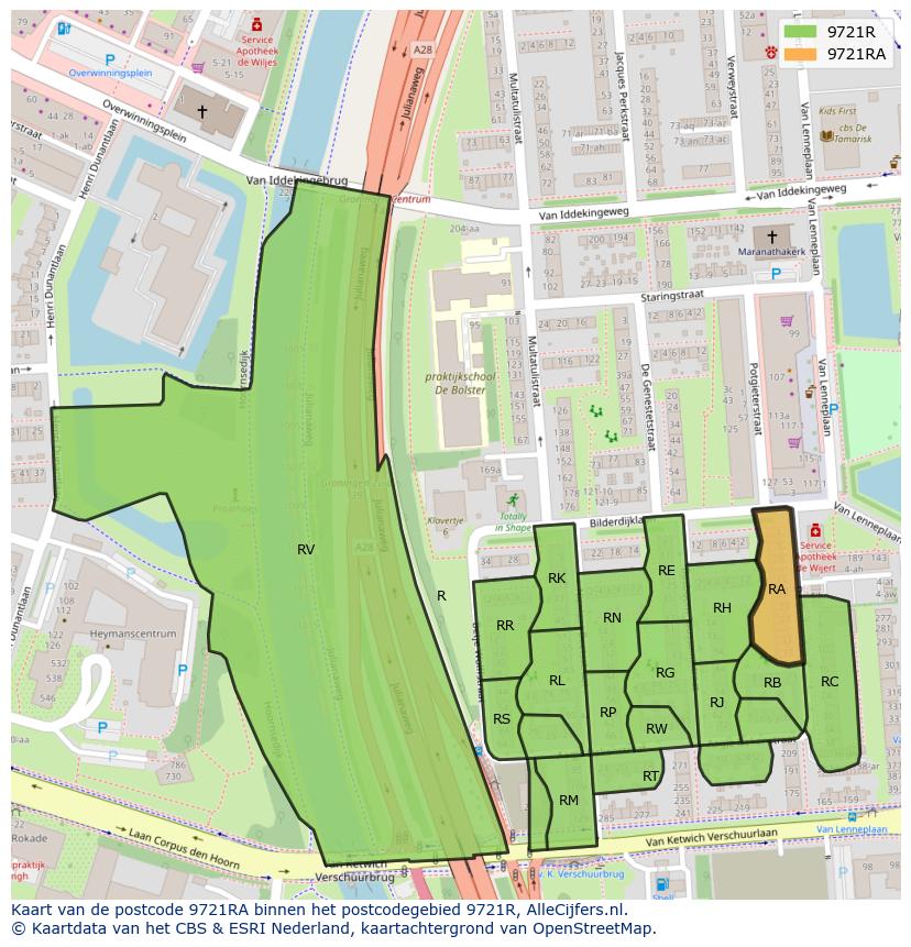 Afbeelding van het postcodegebied 9721 RA op de kaart.