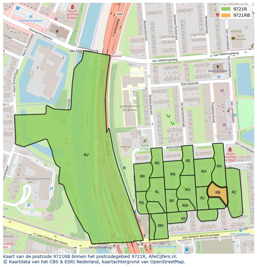 Afbeelding van het postcodegebied 9721 RB op de kaart.