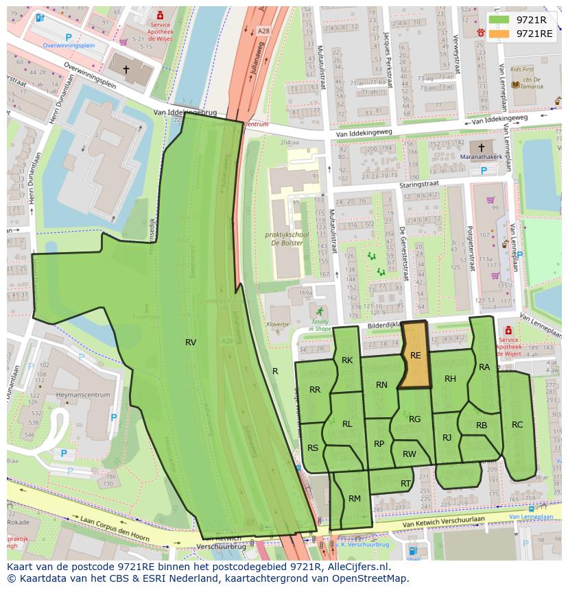 Afbeelding van het postcodegebied 9721 RE op de kaart.