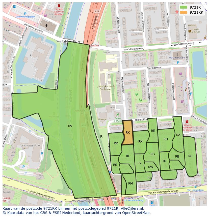 Afbeelding van het postcodegebied 9721 RK op de kaart.