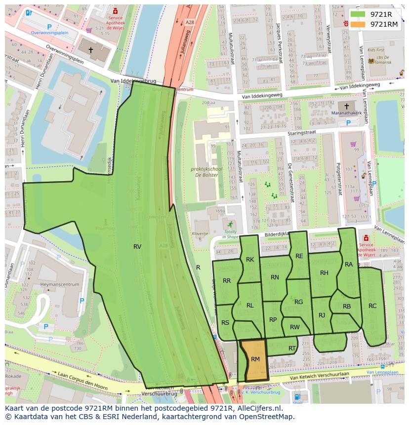 Afbeelding van het postcodegebied 9721 RM op de kaart.