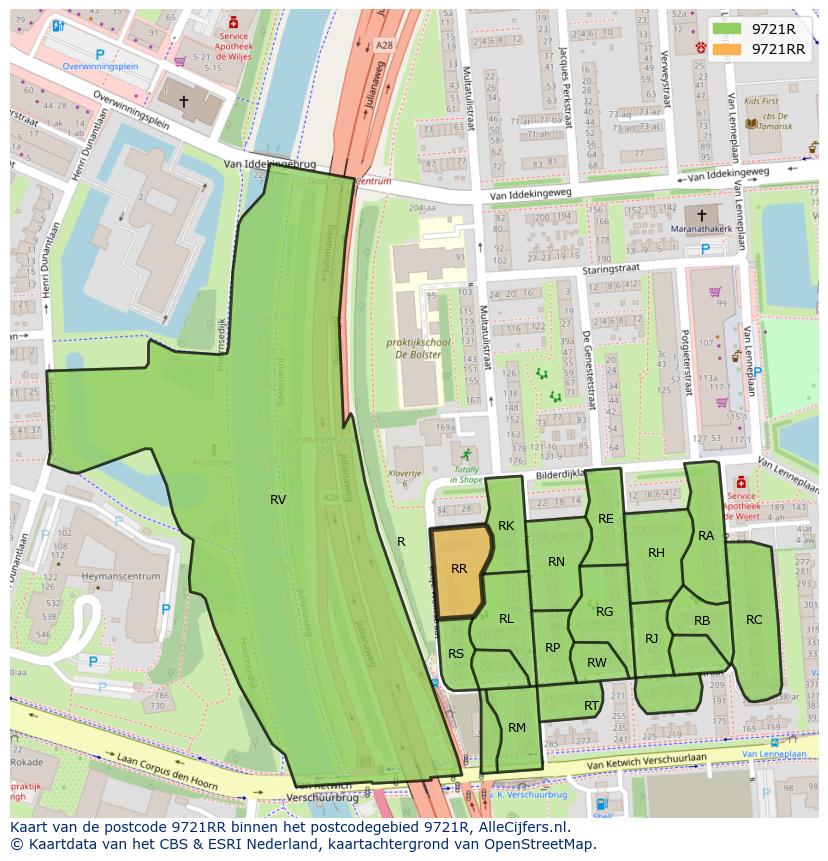 Afbeelding van het postcodegebied 9721 RR op de kaart.