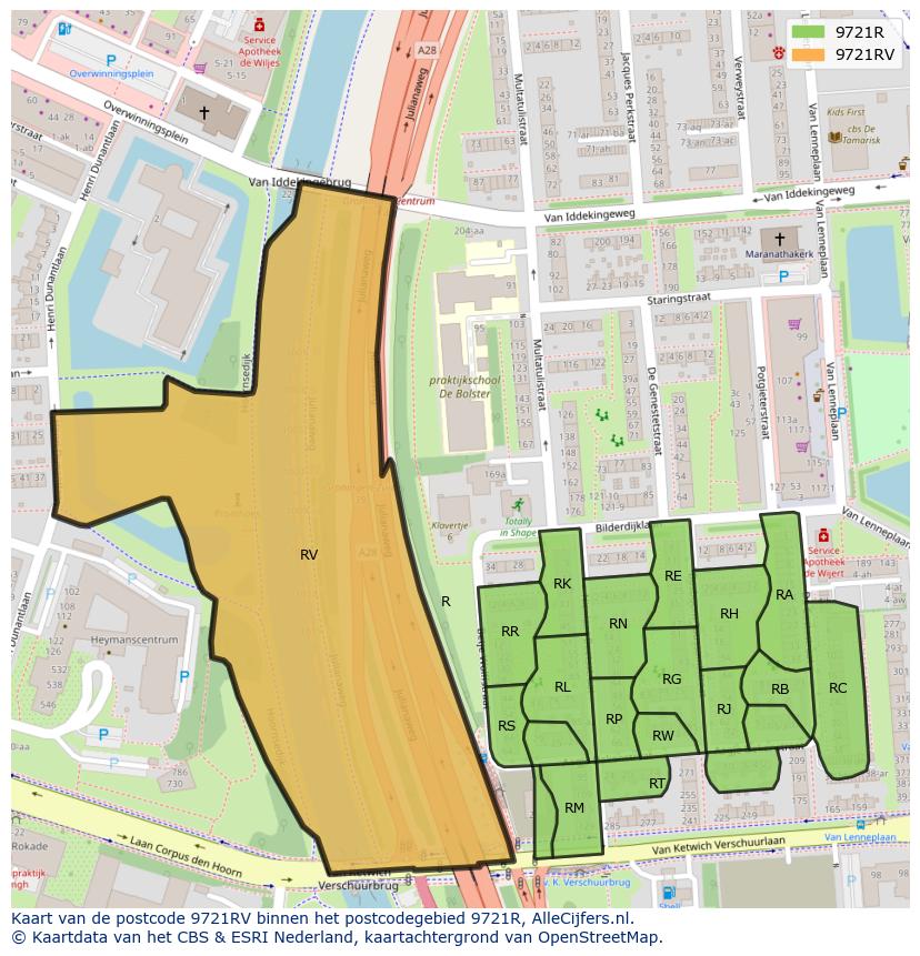 Afbeelding van het postcodegebied 9721 RV op de kaart.