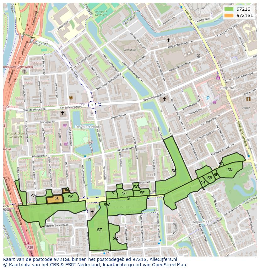 Afbeelding van het postcodegebied 9721 SL op de kaart.