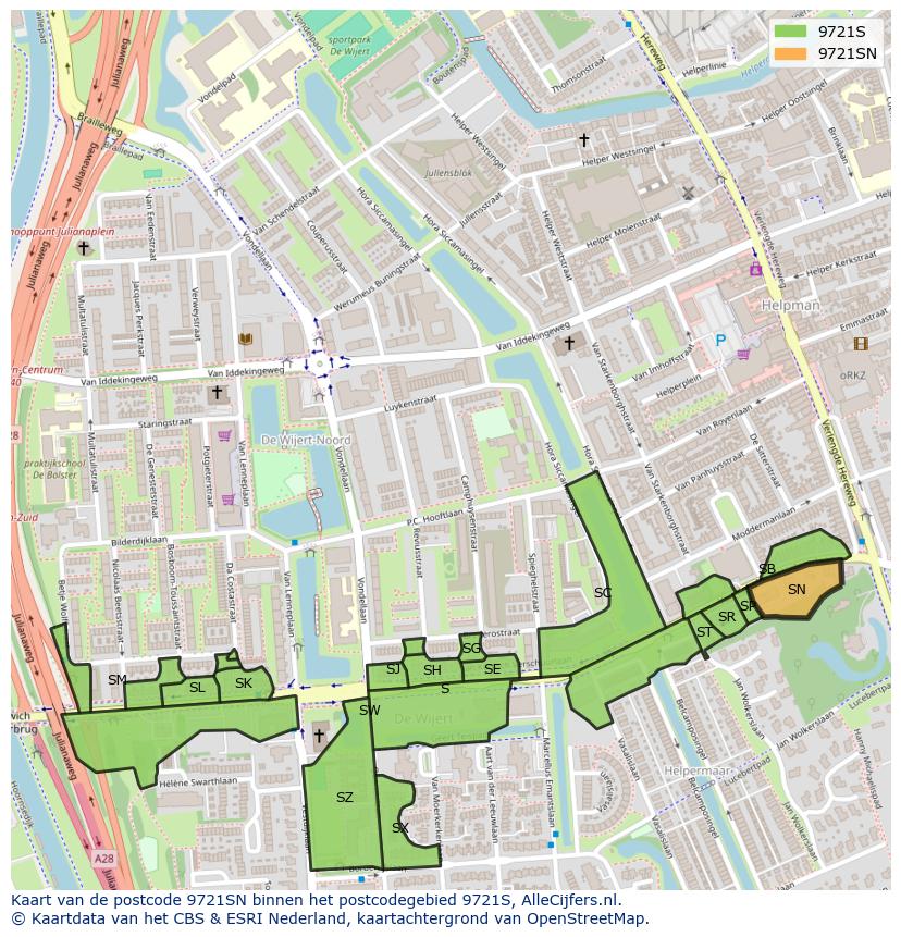 Afbeelding van het postcodegebied 9721 SN op de kaart.