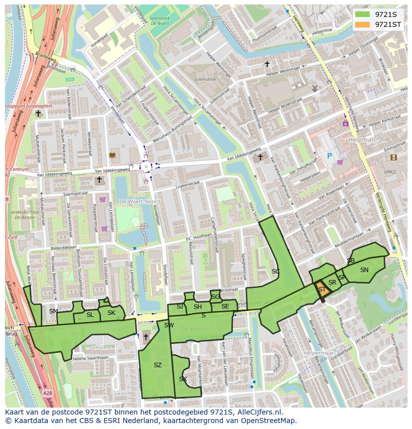 Afbeelding van het postcodegebied 9721 ST op de kaart.
