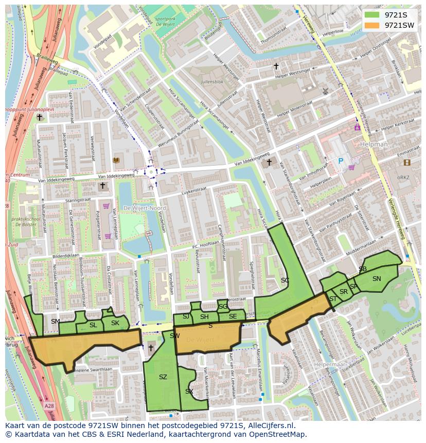 Afbeelding van het postcodegebied 9721 SW op de kaart.