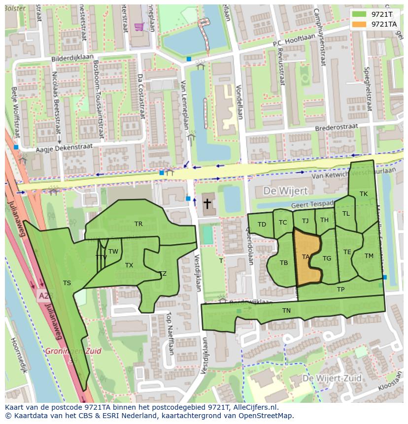 Afbeelding van het postcodegebied 9721 TA op de kaart.