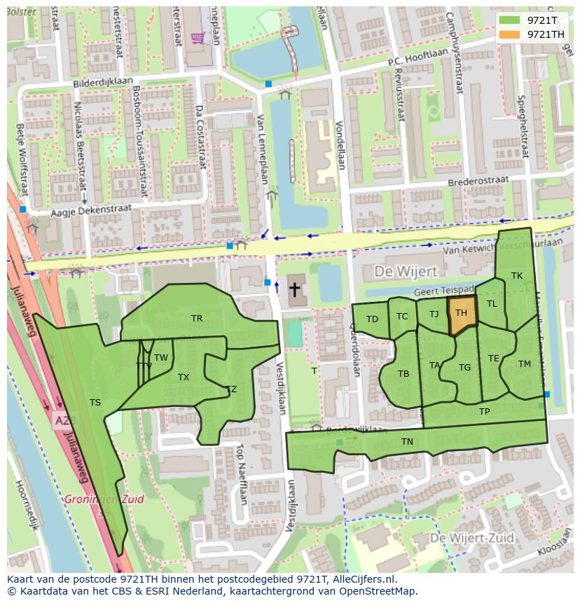 Afbeelding van het postcodegebied 9721 TH op de kaart.