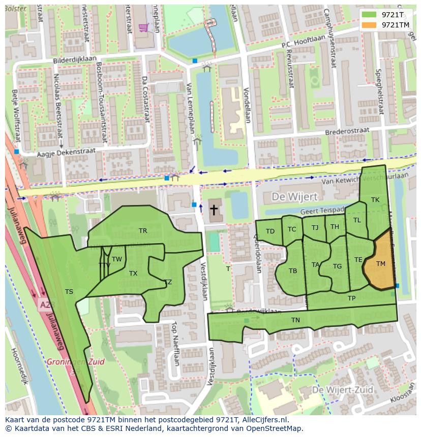 Afbeelding van het postcodegebied 9721 TM op de kaart.