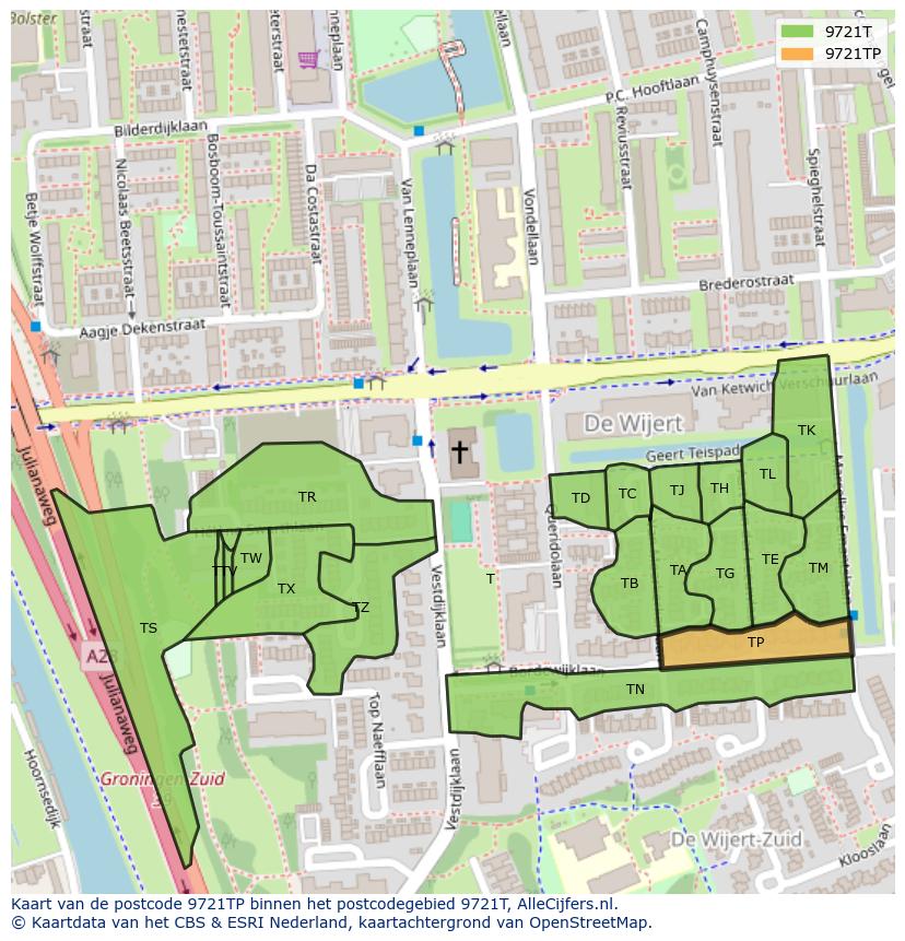 Afbeelding van het postcodegebied 9721 TP op de kaart.