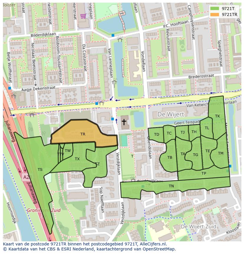 Afbeelding van het postcodegebied 9721 TR op de kaart.