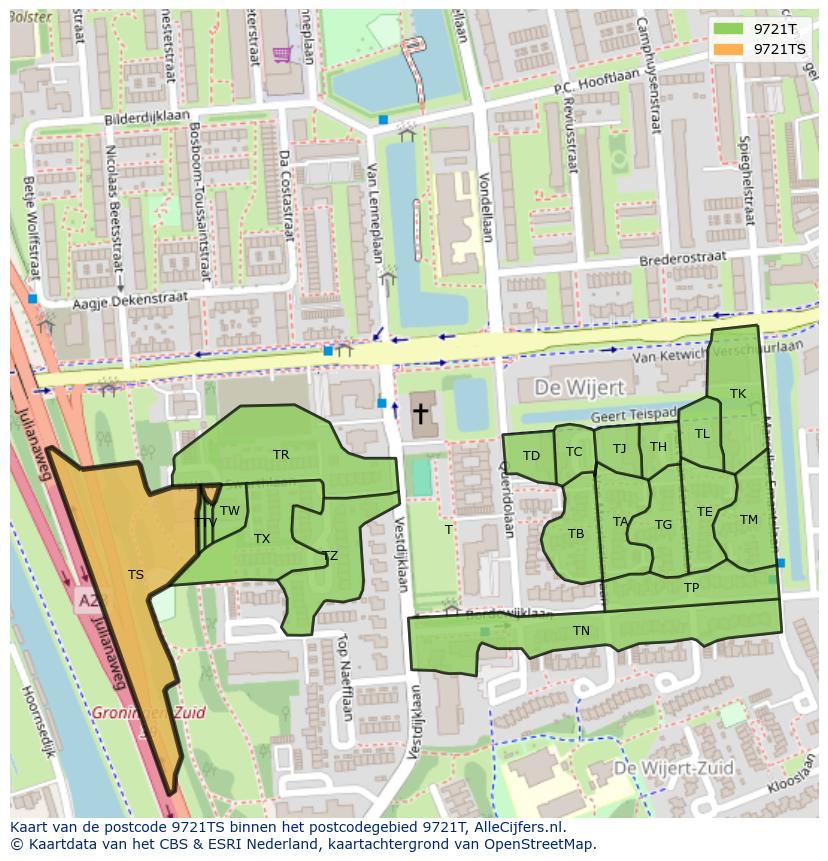Afbeelding van het postcodegebied 9721 TS op de kaart.