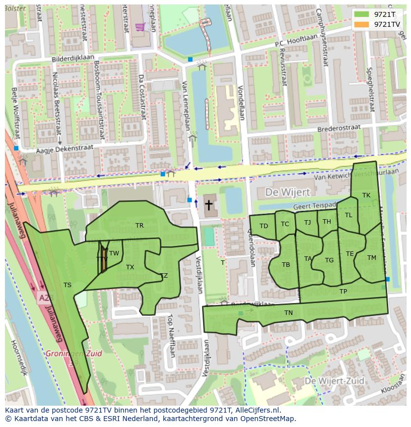 Afbeelding van het postcodegebied 9721 TV op de kaart.